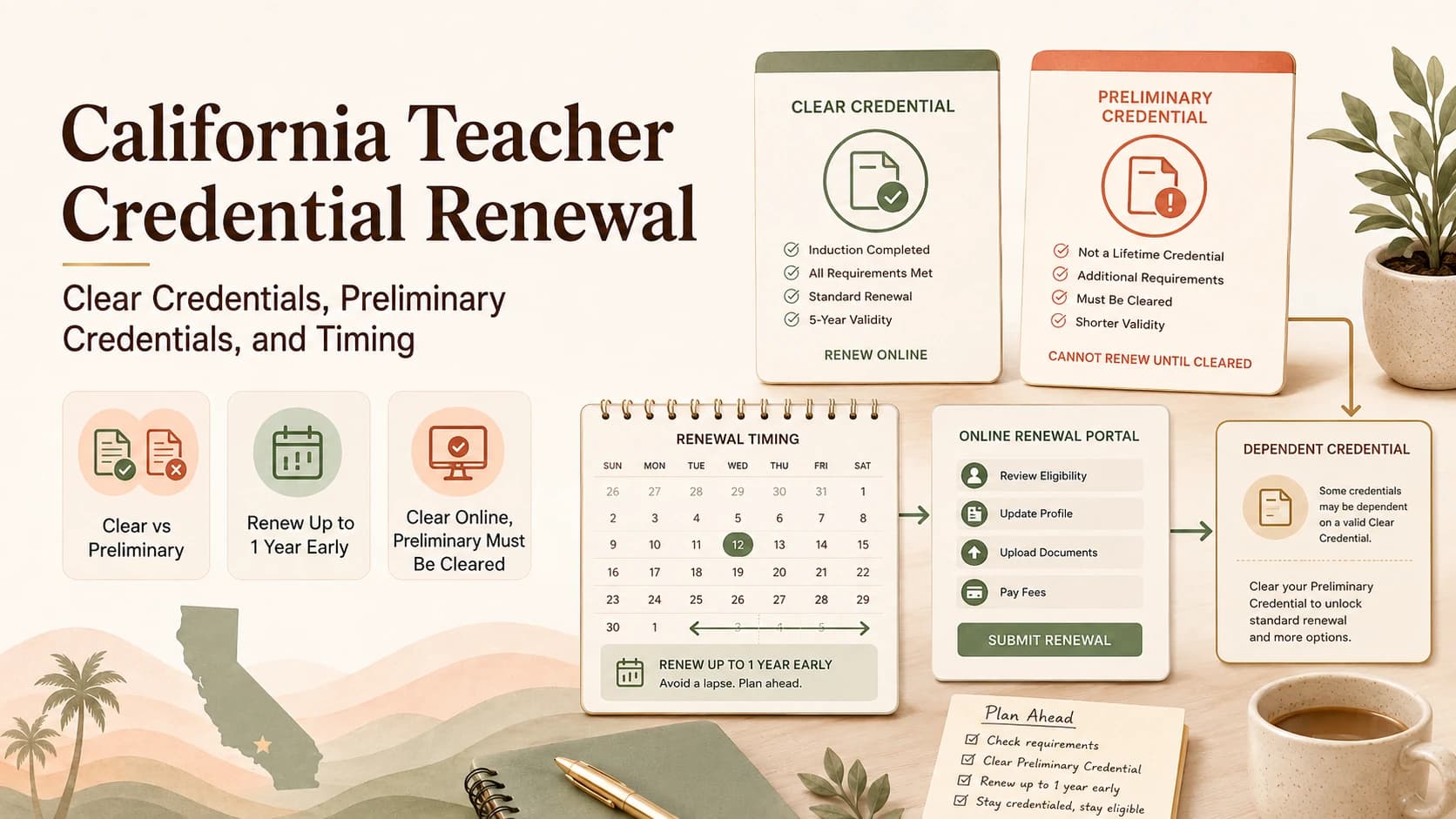 California Teacher Credential Renewal guide comparing Clear and Preliminary credentials, renewal timing, and online renewal planning.