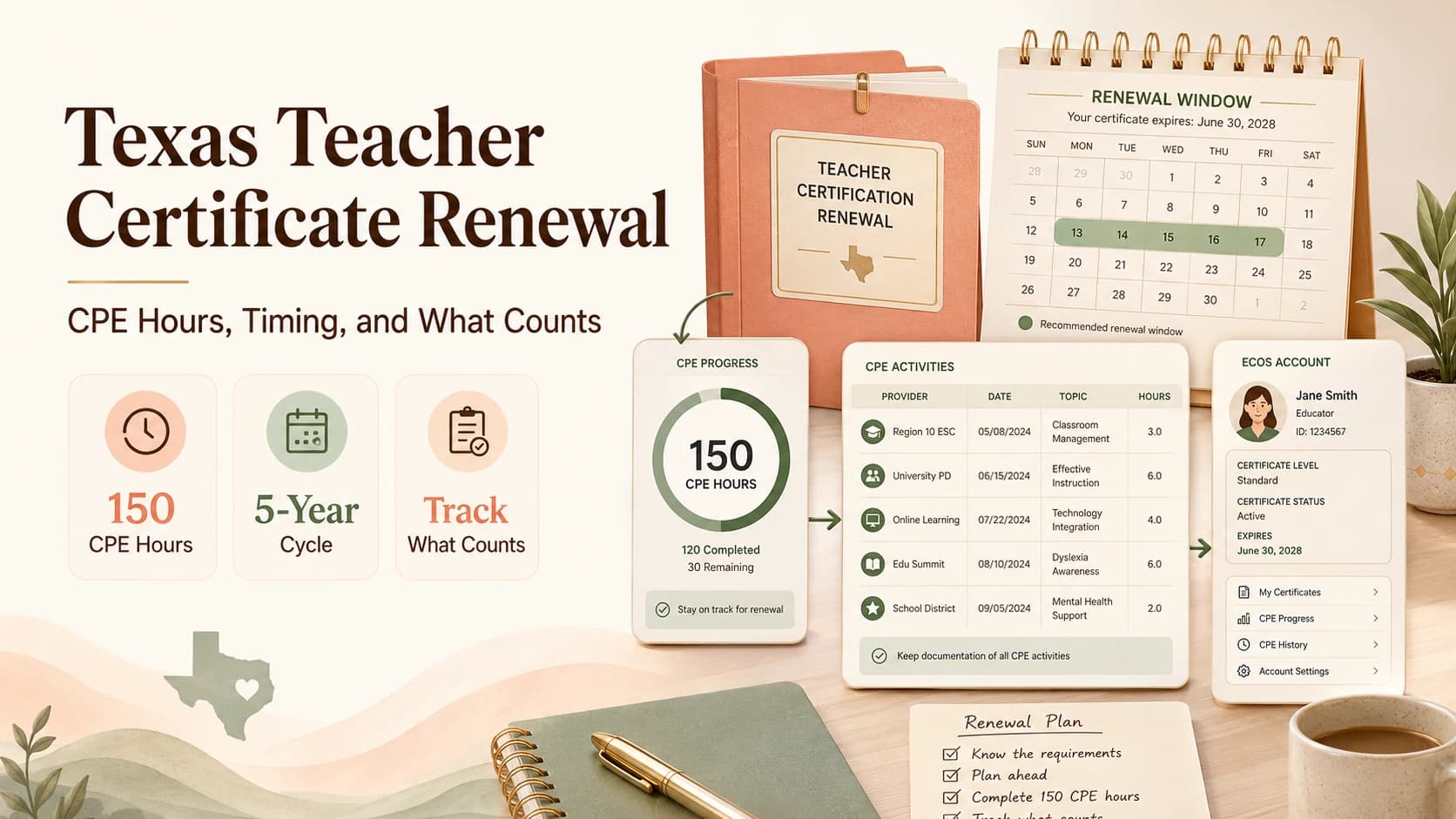 Texas Teacher Certificate Renewal guide showing 150 CPE hours, a five-year cycle, renewal timing, CPE activity tracking, and ECOS planning.
