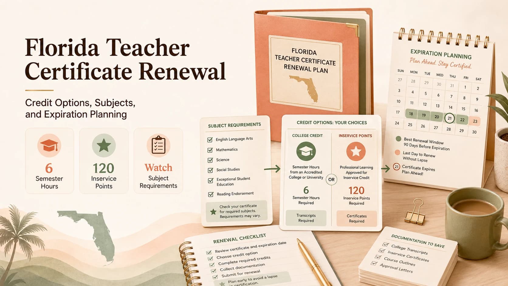 Florida Teacher Certificate Renewal guide showing six semester hours, inservice points, subject requirements, and expiration planning.